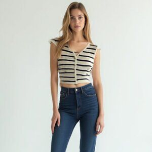 Zara Cream and Black Striped crocheted Women's Sweater Vest L